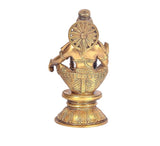 Back view of brass Ayyappa figurine on lotus pedestal, ornate wheel motif