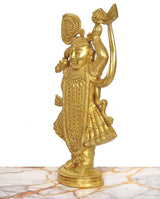 Brass Shreenathji statue rear/side view, golden halo, flute-like instrument and raised hand