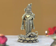 Brass Kartikeya Murugan statue from back, draped garment details, lotus base, 6 inch