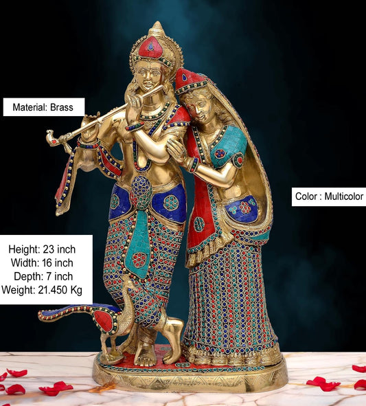 Brass Standing Radha Krishna Idol with Peacock Playing Flute (Height: 23 Inches)