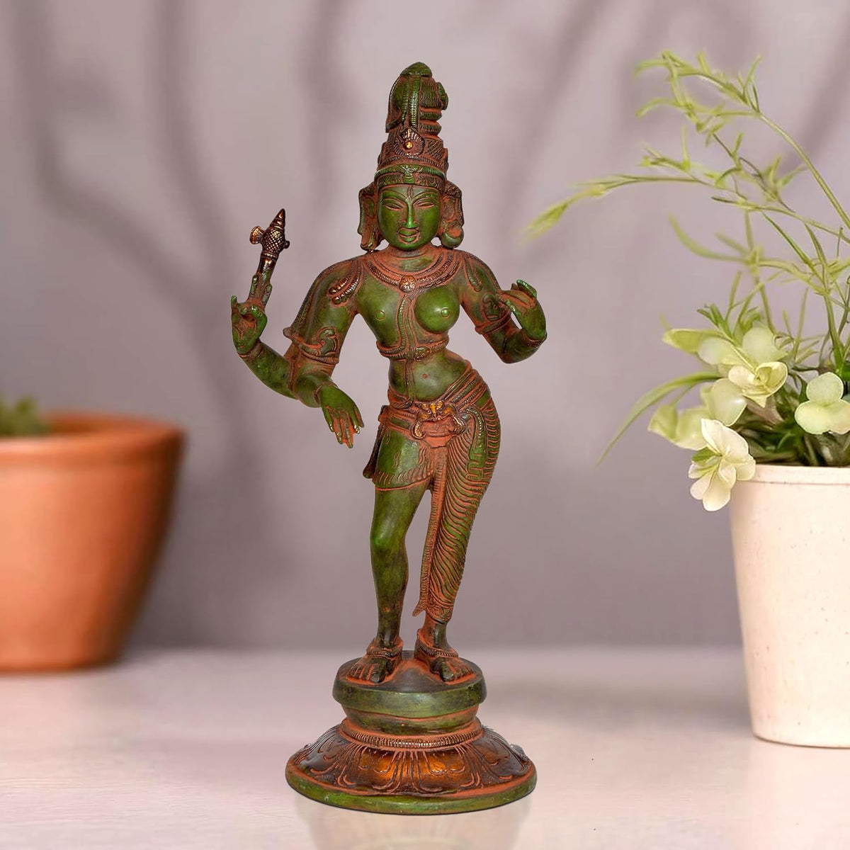 Dancing Ardhanarishvara brass statue, green patina finish, full figure