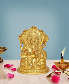 Brass Lord Vishnu & Maa Lakshmi idol on Sheshnag, 9 inch, front view