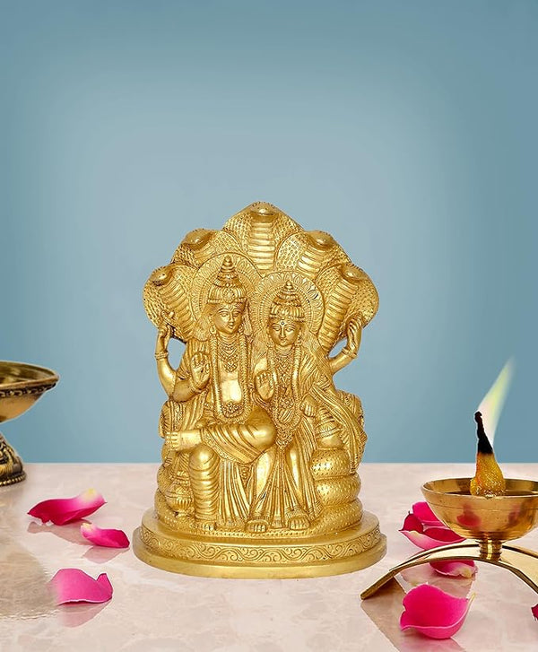 Brass Lord Vishnu with Maa Lakshmi On Sheshnag Idol Statue - (Height 9 inch)