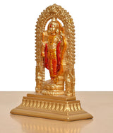 Resin Ram Lalla murti side view, golden arch and pedestal with red outfit