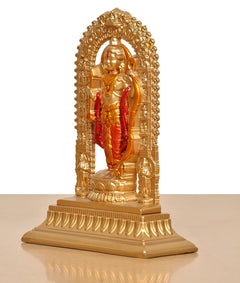 Resin Ram Lalla murti side view, golden arch and pedestal with red outfit