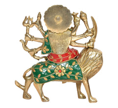 Durga Maa brass idol on lion, green-red dress, back view of crown and halo