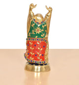 Brass laughing Buddha statue angled view, green top and red bottom with blue accents