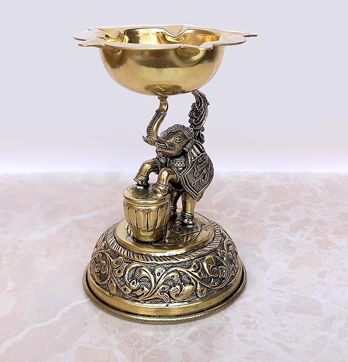 Brass Elephant Oil Lamp Diya for Home Pooja Antique Items Gift Items Deepam Diwali Home and Office Decor (Height: 5 Inch)