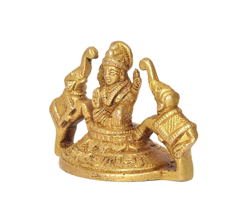 Brass Gaja Lakshmi Statue Laxmi with Elephants Home Temple Office Figurine Showpiece (Height 2.5 Inch)