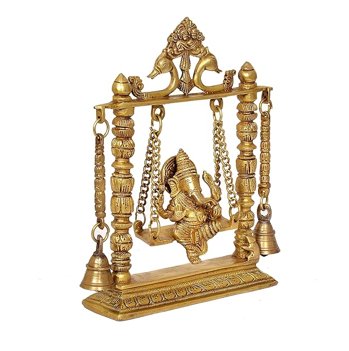 Ganesha Sitting on Swing Idol Ganesha Religious Multicolor Brass Statue (Height 8.5 Inch)