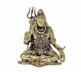 Brass Lord Shiva murti sculpture seated cross-legged, trident raised, beaded ornaments