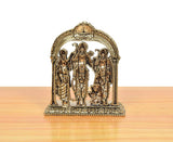Brass Ram Darbar statue close-up of arch, kirtimukha-style top and three figures