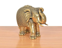 AONA brass elephant figurine close-up, patterned back, curved tusks and jeweled details