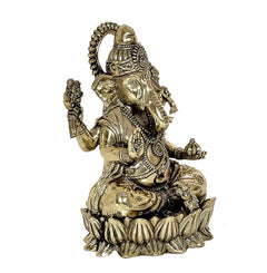 Brass Ganesha murti idol, hand raised in blessing, side profile, lotus seat