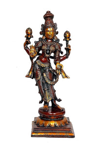 Lakshmi-Messingidol, stehende Figur mit vier goldenen Akzenten an den Händen, 18 Zoll