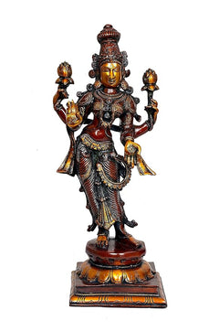 Lakshmi-Messingidol, stehende Figur mit vier goldenen Akzenten an den Händen, 18 Zoll