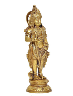 Brass Kartikeya Murugan statue angled view, detailed headdress, robe and standing pose