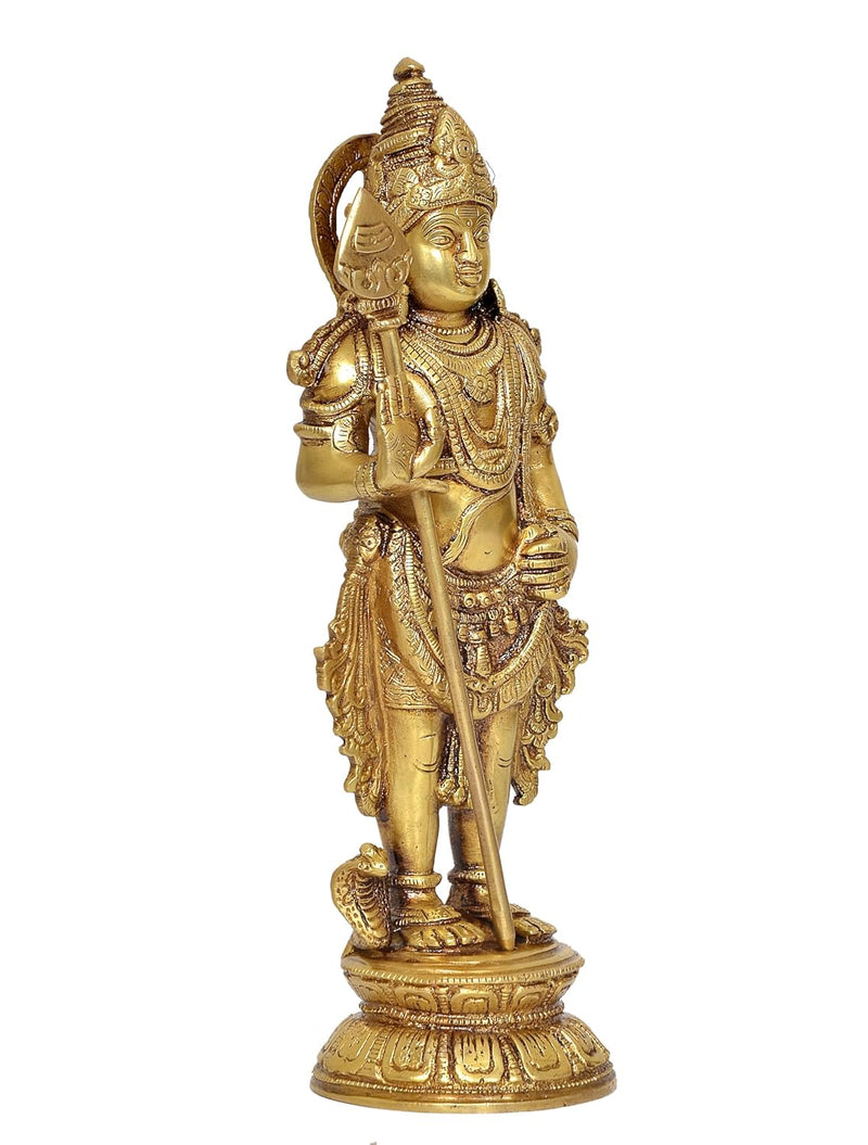 Brass Standing Lord Kartikeya Murugan Murti for Home Decor Pooja Mandir Decorative Showpiece Brass Murti (Height 11 Inch)