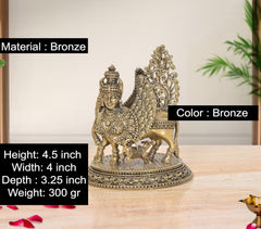Bronze Kamadhenu cow with calf and wings idol, ornate figure, 4.5 in