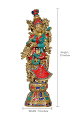 Brass Radha idol statue, 29 in height, 9 in width, red and teal gold details