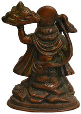 Brass Hanuman idol statue from side, 6.2 in, holding ram figure, ornate headdress
