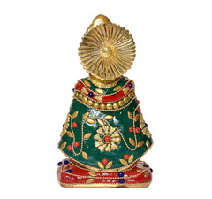 खाटू श्याम जी पीतल मूर्ति, पीछे का दृश्य, हरे वस्त्र व सुनहरा मुकुट