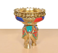 Brass elephant idol with gold urli bowl, multicolor gemstone inlay, 7.5 inch height