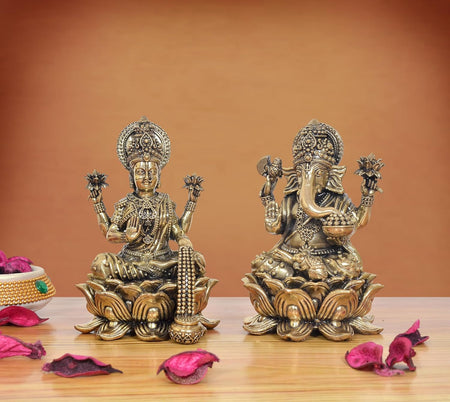 Superfine Brass Goddess Lakshmi and Lord Ganesha Idol-Hindu Deities Figurine (Height 5 Inch)