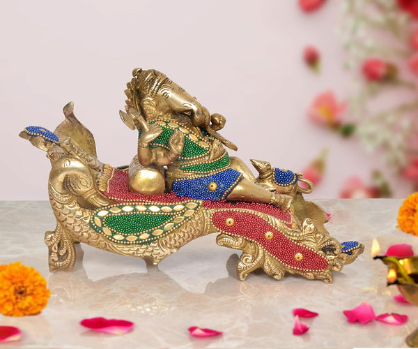 Brass Relaxing Ganesha Statue for Home Decor Mandir Office Pooja Showpiece Statue (Height 5.5 Inch) (Multicolor 1)