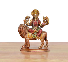 Durga Maa resin figurine on lion idol, ornate crown and jewelry, standing pose