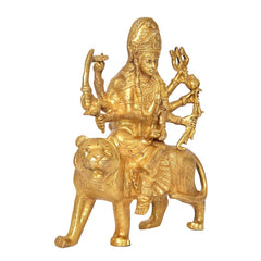 Gold brass Durga Maa on lion, three-quarter view, detailed crown and multi-arm pose