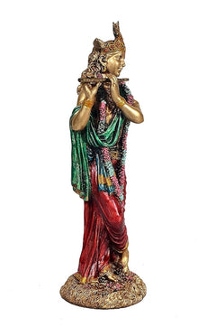 Krishna playing flute statue rear/side view, multicolour drapes and crown