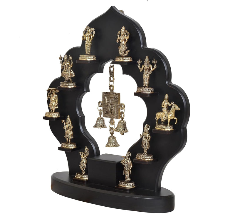 Superfine Brass Dashavatara of Vishnu Swastik with Bells and Wooden Frame Wall Hanging (Height: 14.5 Inch)