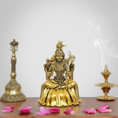 Golden brass goddess statue of Tripura Sundari, seated with lotus base, 4 in