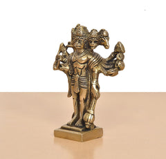 Side view Panchmukhi Hanuman brass idol on pedestal, detailed faces and arm ornaments