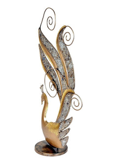 Tall iron peacock tabletop showpiece with gold body and blue-silver feather blades, round base