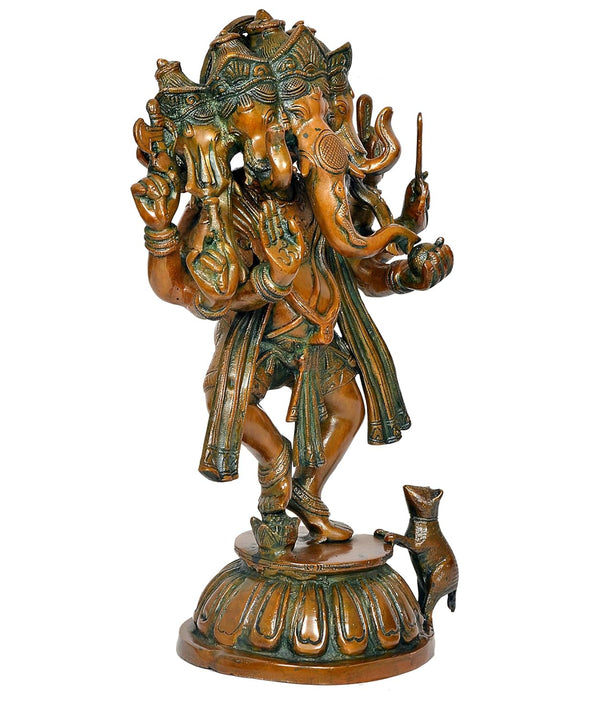 Brass Dancing Panchmukhi Ganesha Statue Home Temple Office Figurine Showpiece Multicolour (Height 15 Inch) Study Setting