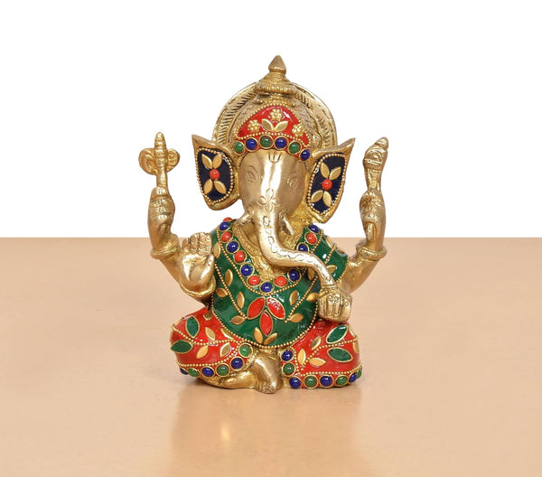Brass Handcrafted Ganpati Bappa Murti (Height 6 Inch) Study Setting