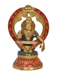 Seated Lord Ayyappa brass statue with jeweled necklace and red halo ring