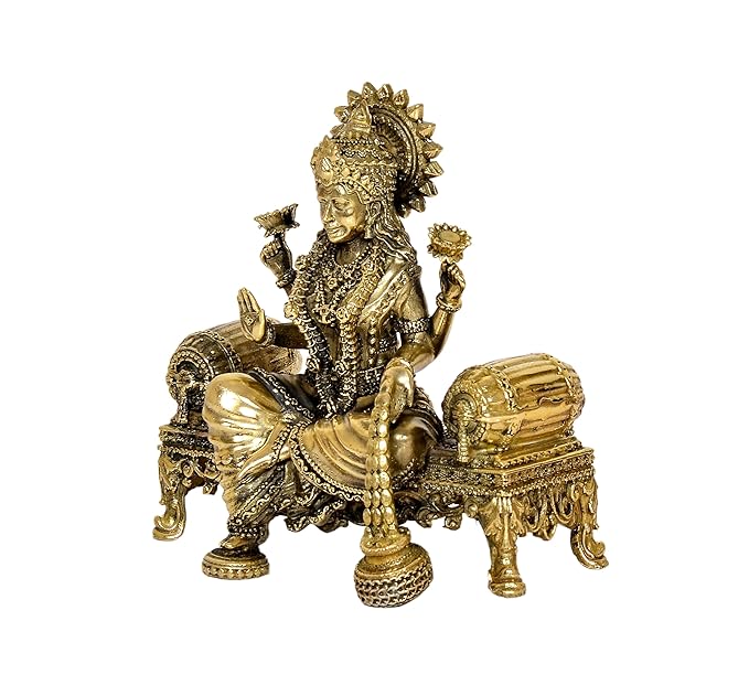 Brass Lakshmi Idol Laxmi Goddess Lakshmi Sitting Statue in Blessing Position for The Puja Temple at Home in Brass (Height: 4 Inch)