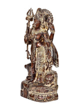 Brass Ardhnariishwar statue side view, detailed drapery and decorated lotus pedestal