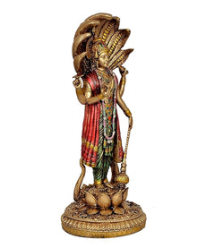Resin Vishnu statue, angled view with jeweled necklace, red sash and green lower garments