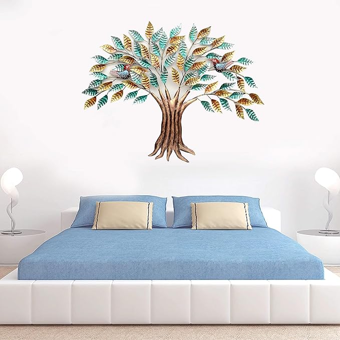 Iron decorative wall tree art with colorful leaf metal branches, full design view
