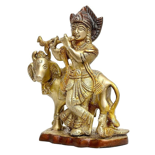 Brass Krishna with Cow Idol Krishna Religious Statue Height 5 Inch Entryway Setting