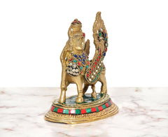Brass Kamadhenu cow calf with wings, rear side view with multicolor gem panels
