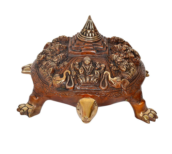 Brass Ashtalakshmi Shree Yantra on Tortoise Figurine Kachua Unique Home Decor Vastu Accent (Height: 6.5 inch)