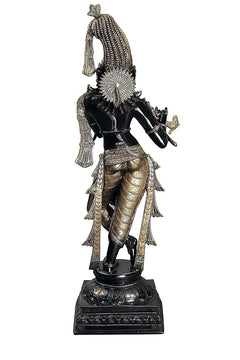 Krishna Murti Idolstatue, Rückansicht, schwarz mit goldenen Verzierungen, Flöte