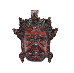 Front view of multicolored Brass Mahakala wall hanging mask with detailed crown and eyes