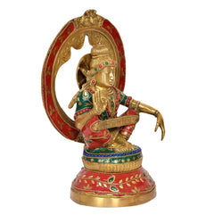 Lord Ayyappa brass statue profile, raised hand, red halo and ornate jewelry
