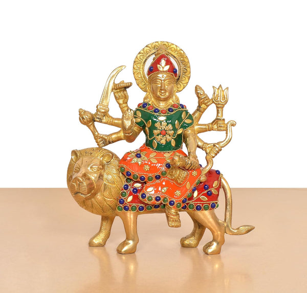 Brass Durga Maa with Lion Idol (Height: 8 inch) Study Setting